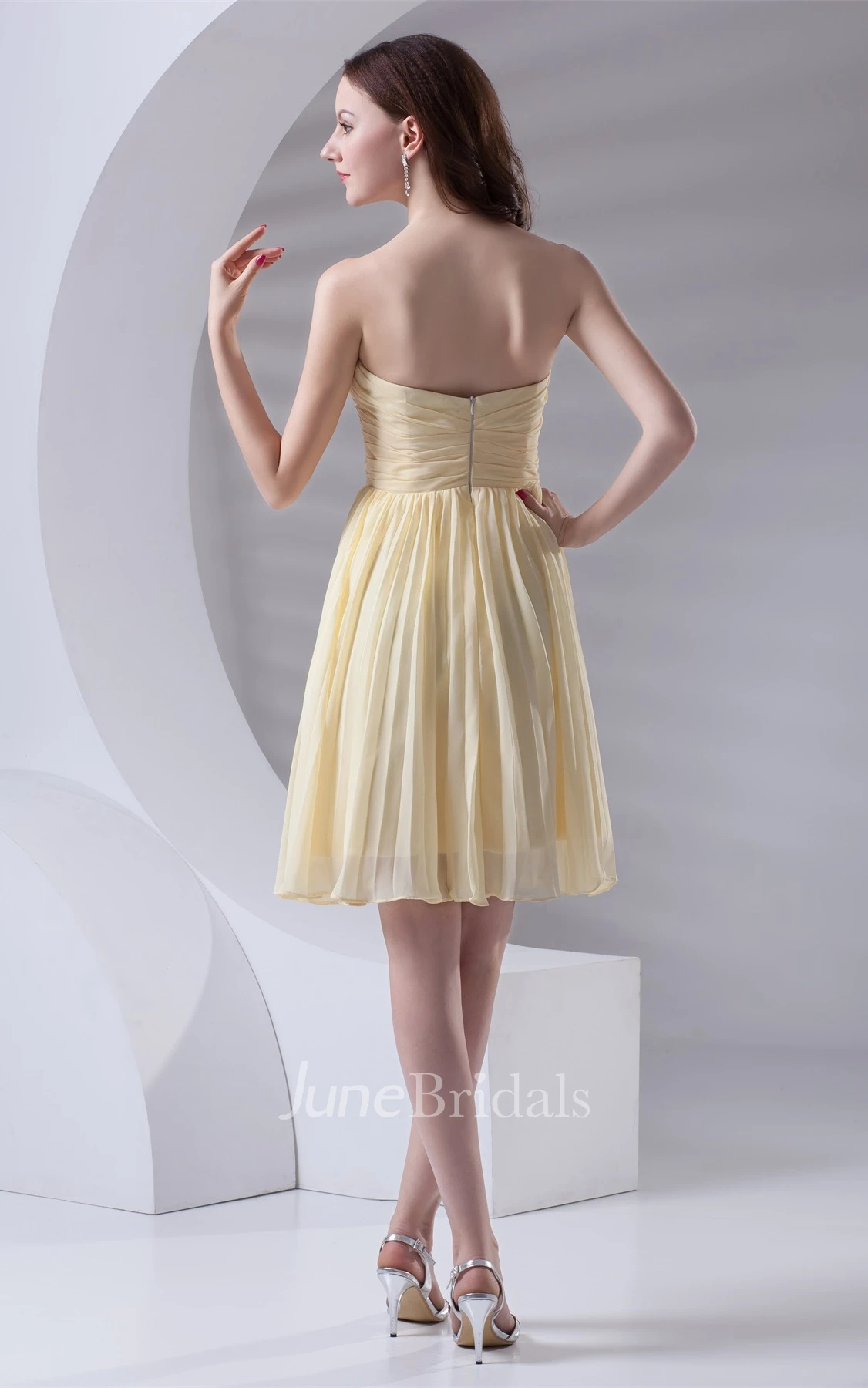 chiffon criss-cross knee-length sweetheart dress with pleats