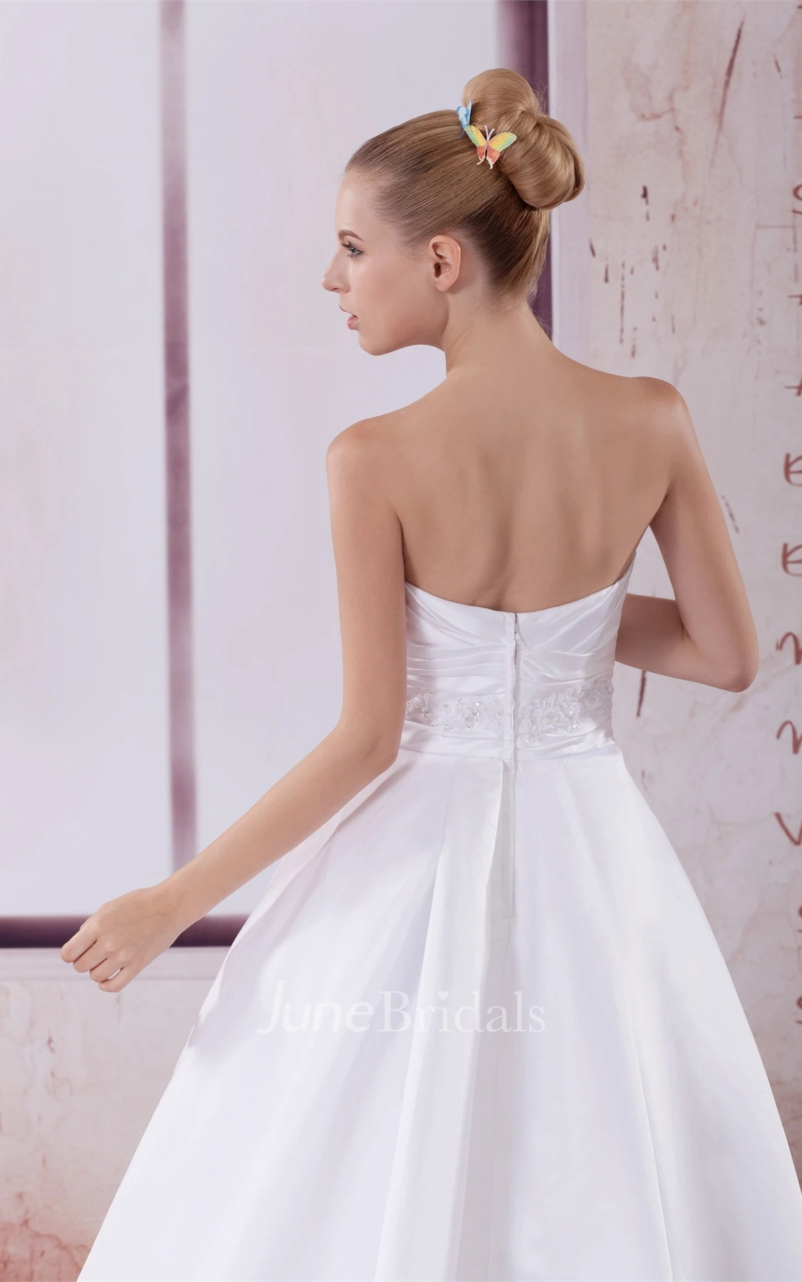 Strapless Ruched A-Line Ball Gown with Pleats and Jeweled Waist
