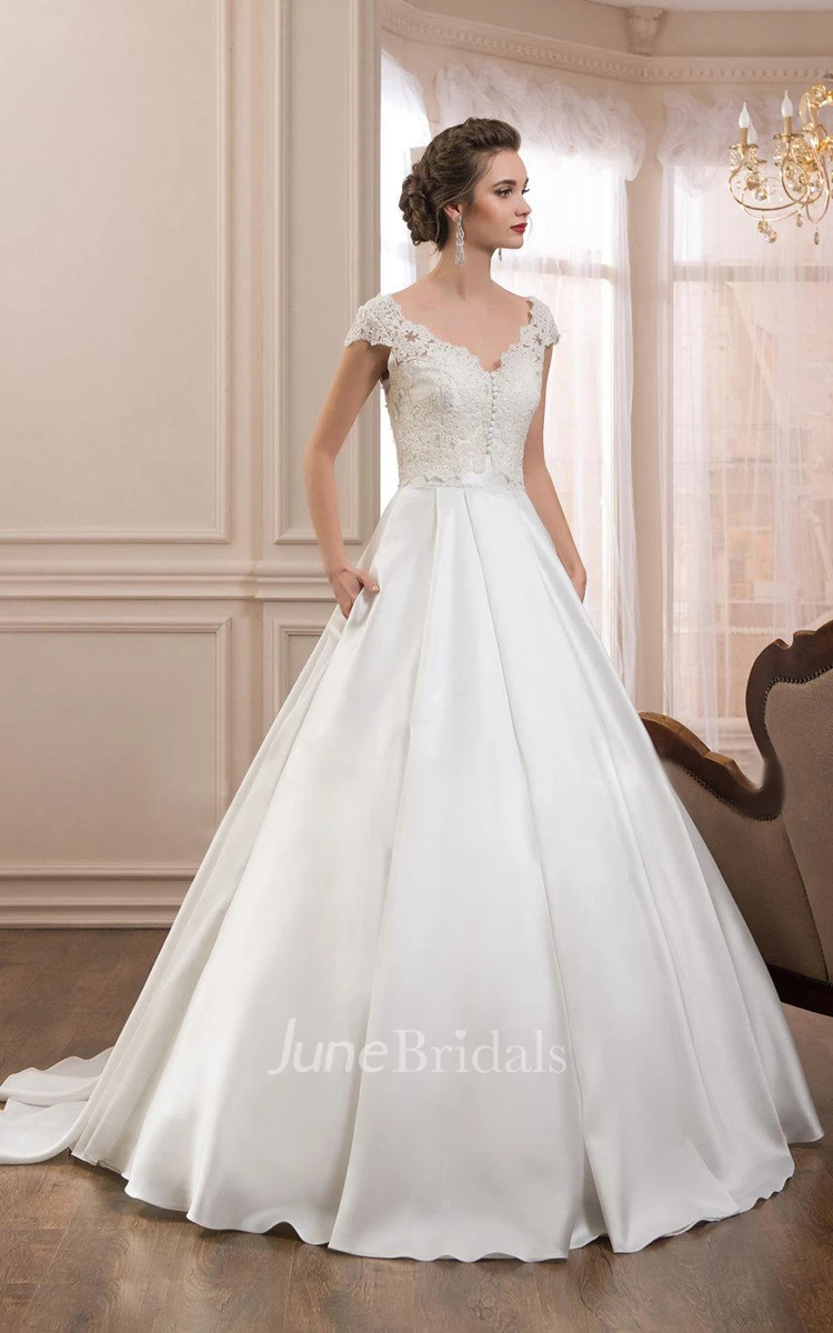 V-Neck Cap-Sleeve Satin A-Line Dress With Low-V Back Back