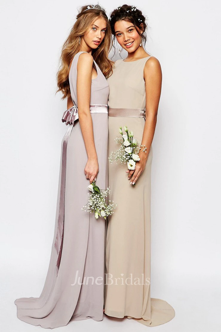 Floor-Length Sleeveless Bowed Bateau Neck Chiffon Bridesmaid Dress