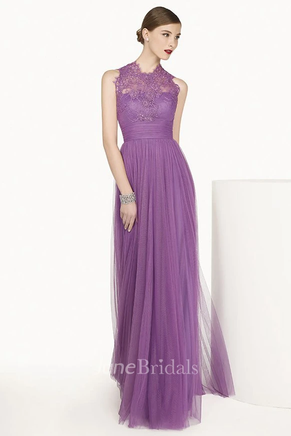 A-Line Bandage Formal High-Neckline Lace Long Dress