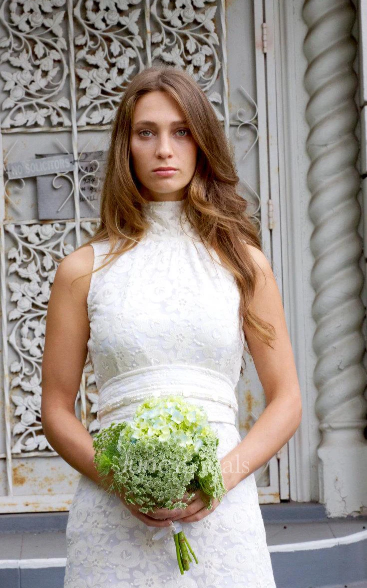 Short High Neck Lace Weddig Dress With Beading