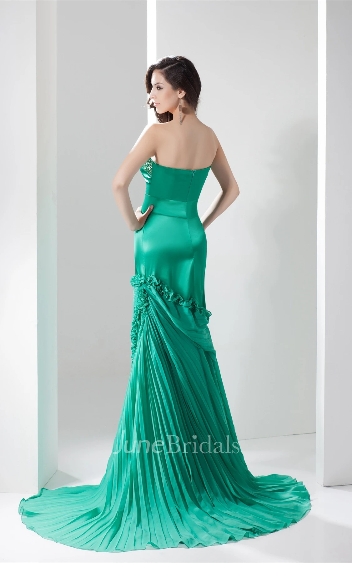 Strapless Notched Maxi Dress with Ruffles and Beading