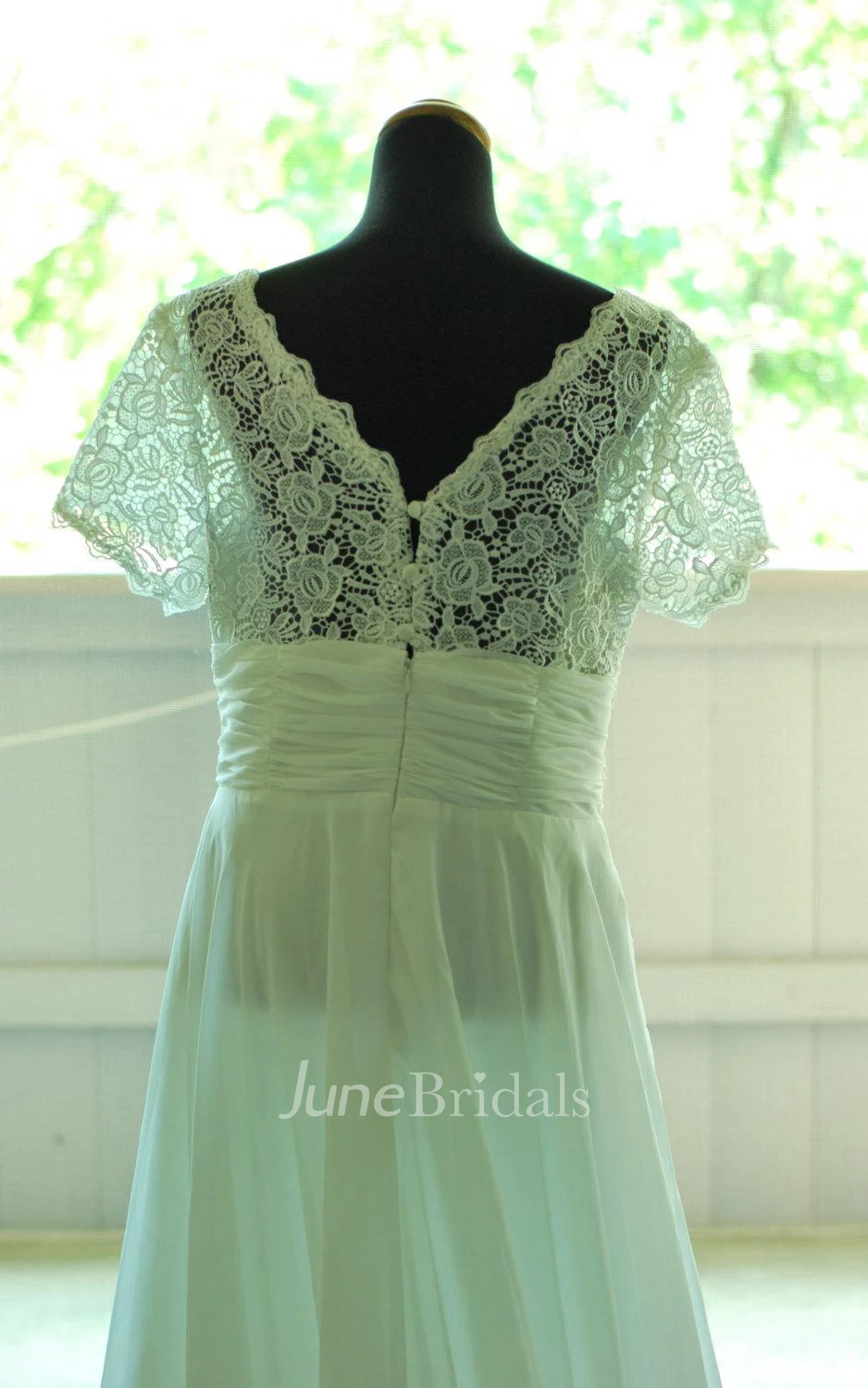 Retro Short Sleeve Floor-Length Chiffon Dress With Lace And Low-V Back