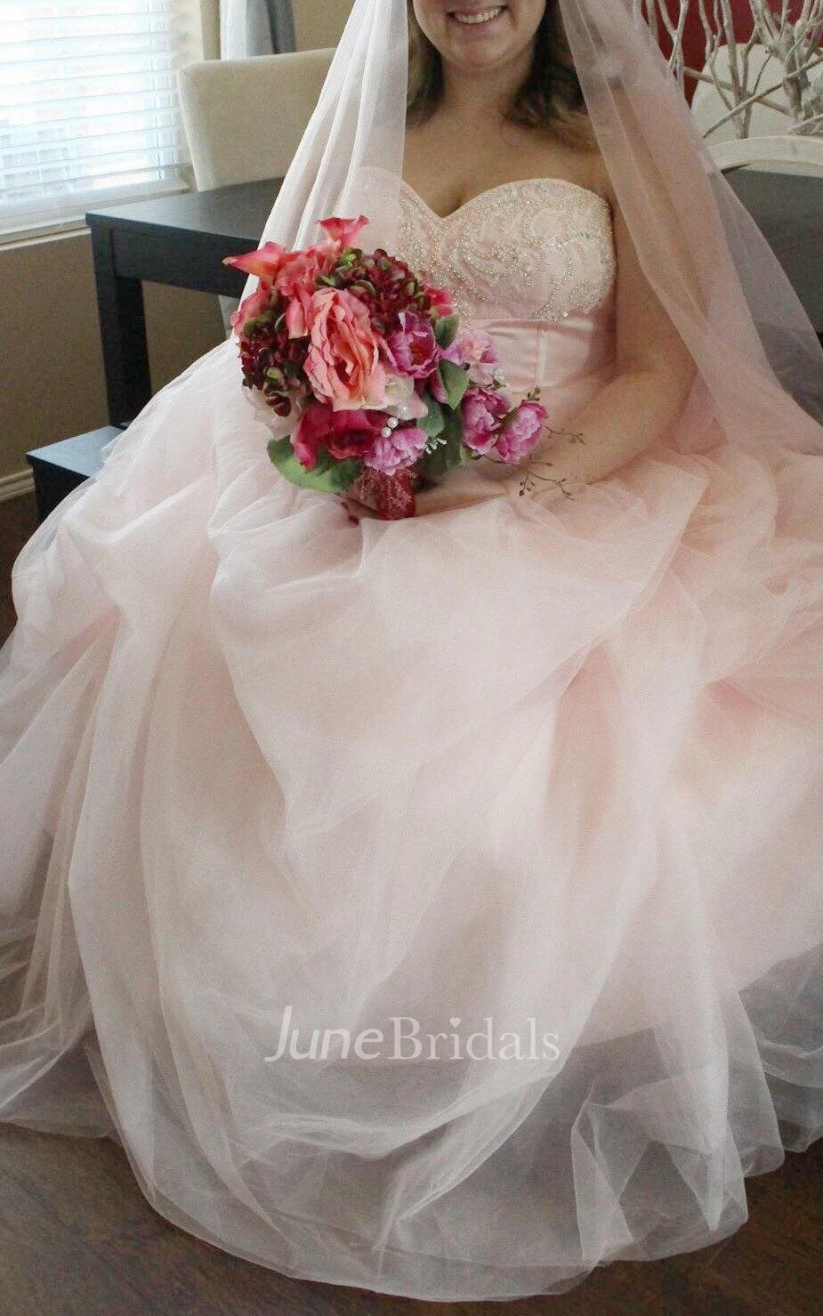 Strapped Tulle Lace Satin Weddig Dress With Beading