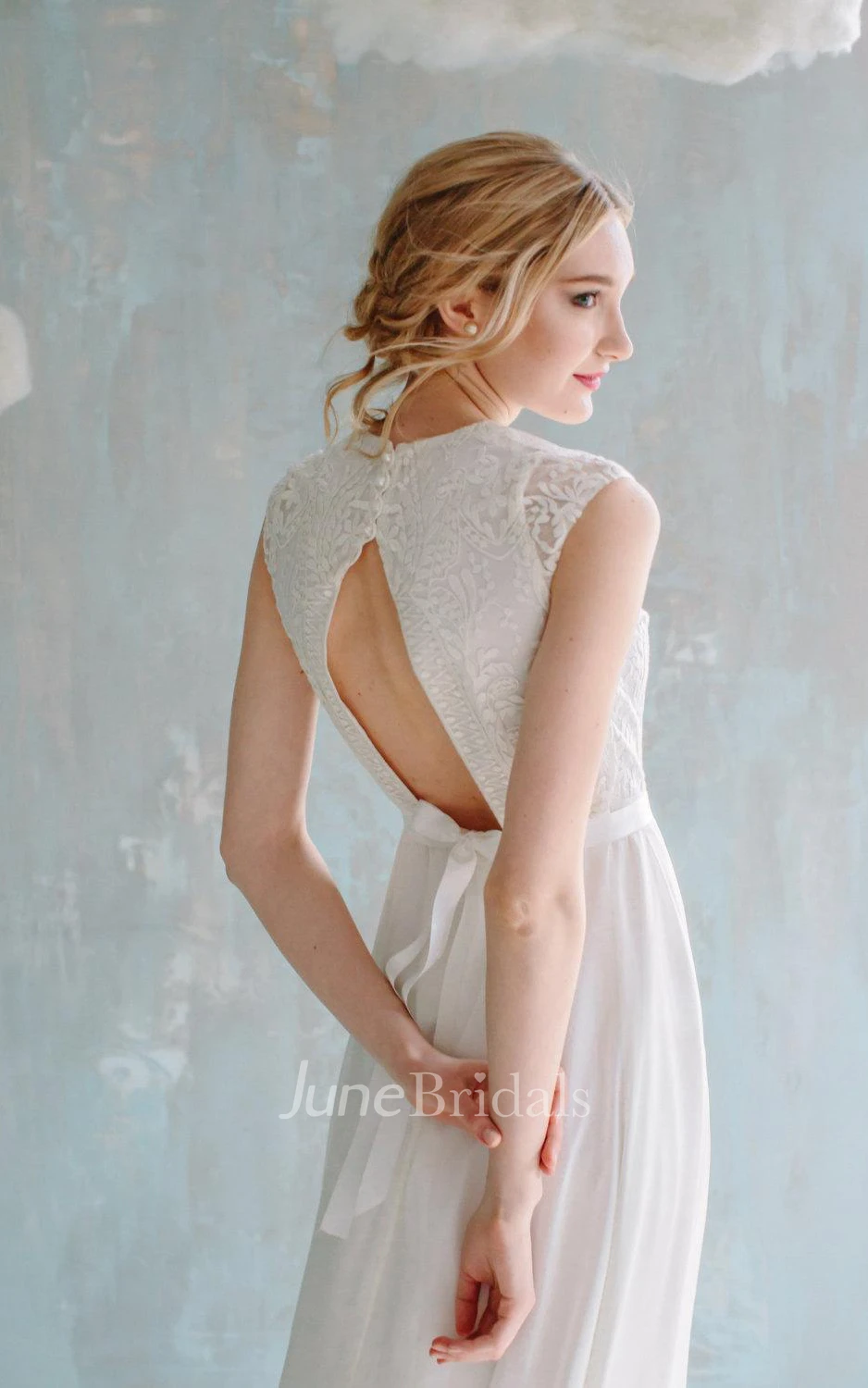 A-Line Floor-Length Chiffon Lace Satin Dress With Sash Ribbon Button