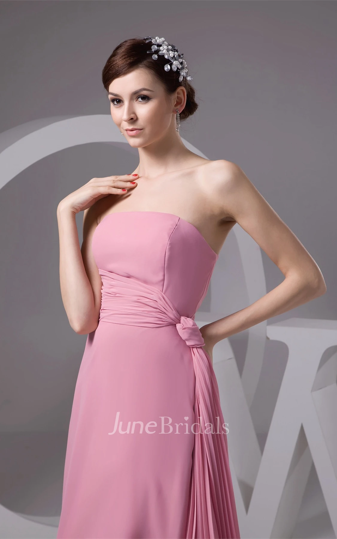 Strapless Chiffon Long Dress with Draping and Ruched Waist