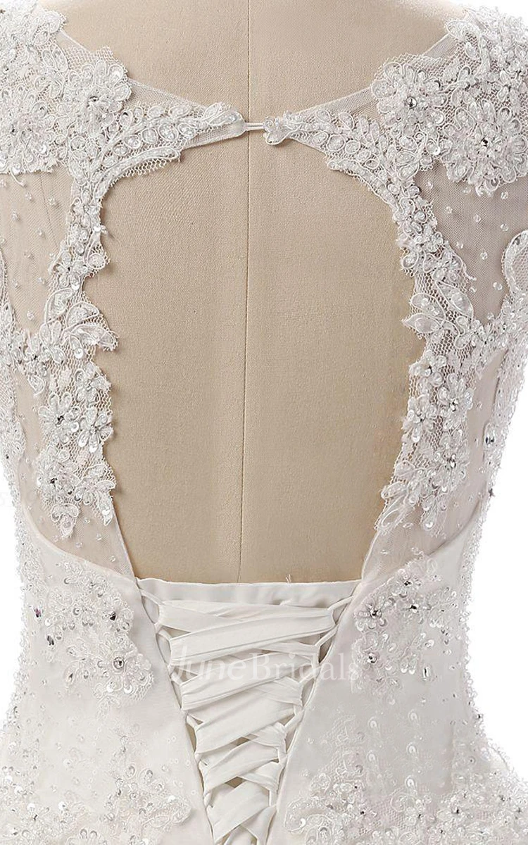 Cap Sleeve Chiffon Lace Dress With Beading Illusion Corset Back