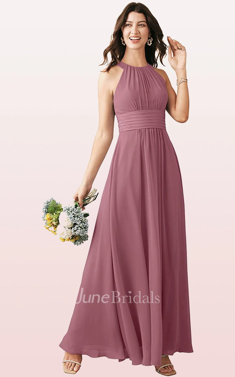 Ethereal A Line Halter Chiffon Sleeveless Bridesmaid Dress