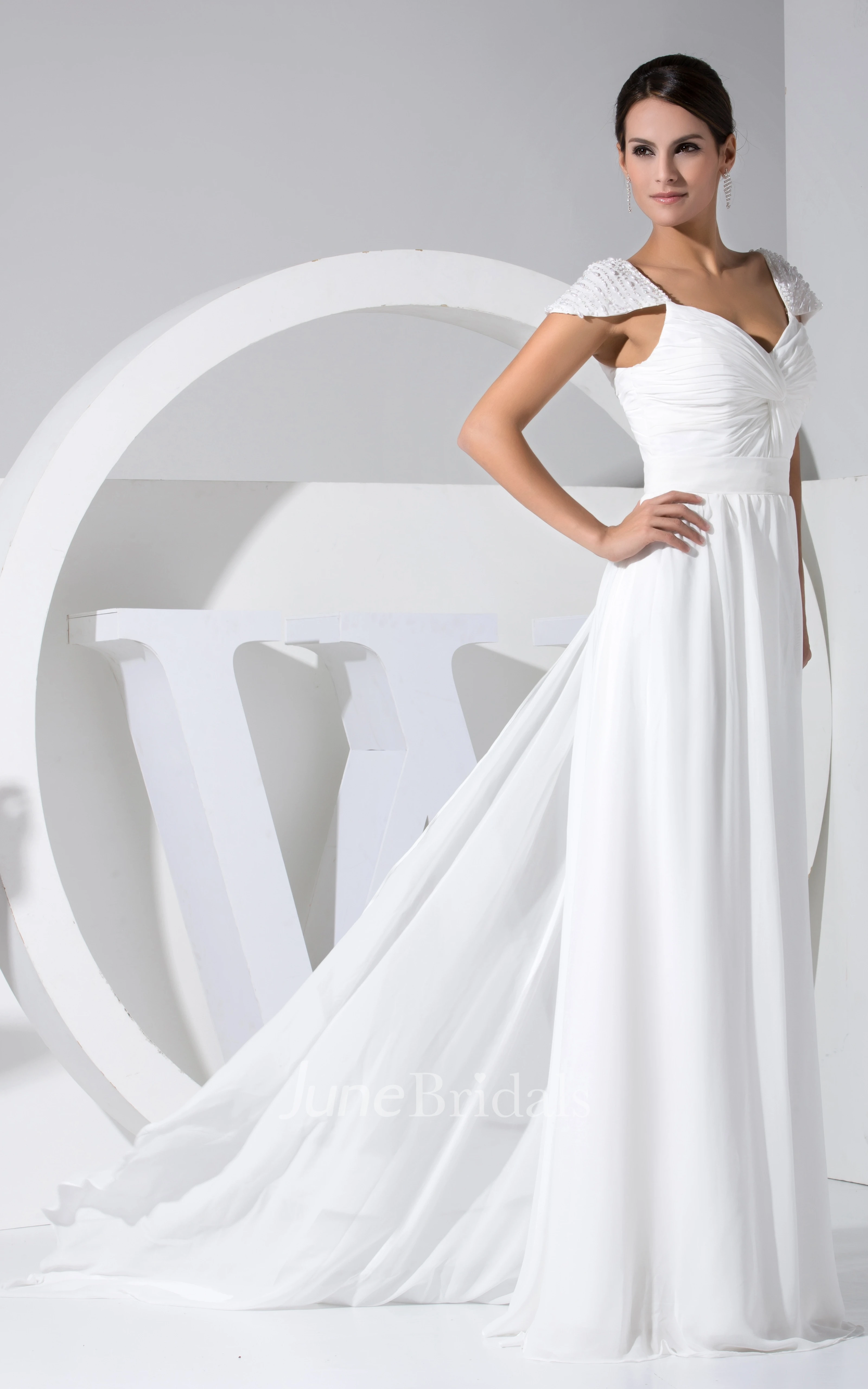 Caped-Sleeve Chiffon Criss-Cross Ruched Dress With Watteau Train