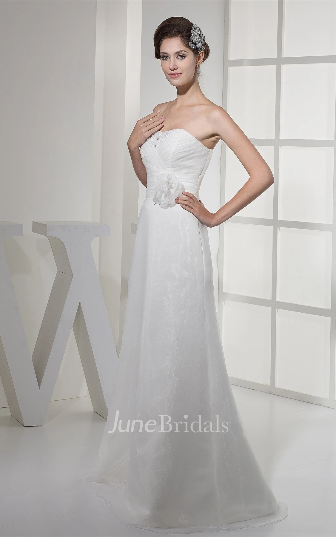 Strapless Criss-Cross A-Line Gown with Flower and Beading
