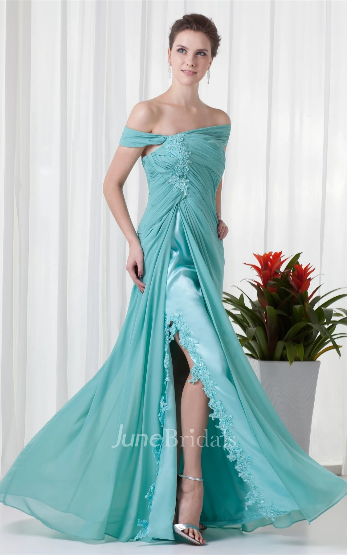 Off-The-Shoulder Chiffon Front-Split Dress with Ruching and Appliques