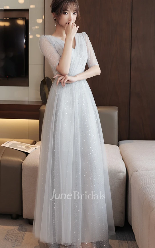 Simple Tulle Off-the-shoulder Square V-neck A Line Evening Formal Dress With Ruching