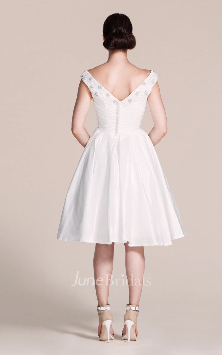 Cap-sleeved V-neck A-line Dress With Pleats and Beadings