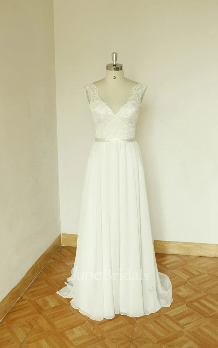 V-Neck Sleeveless Long Chiffon Wedding Dress With Sash And Deep-V Back