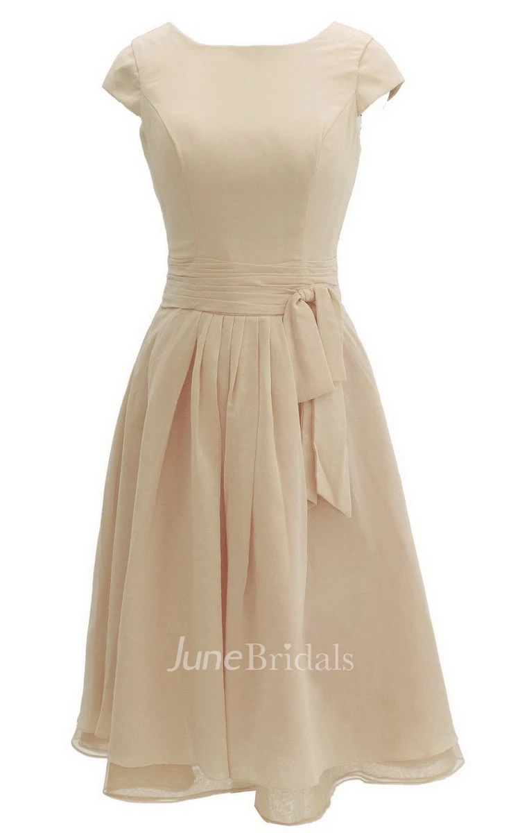 Cap-sleeved Knee-length Chiffon Dress With Ribbon