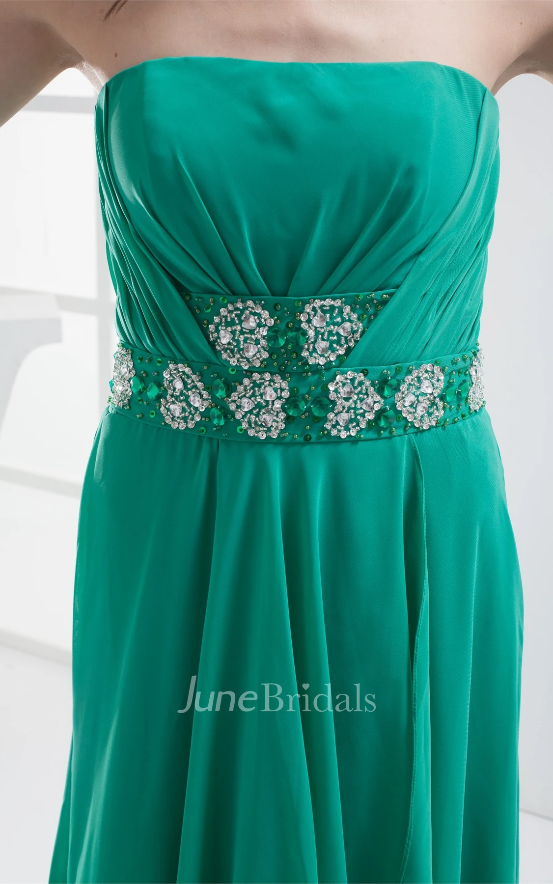 Side Draping Strapless Ruched Gown with Beaded Sash Detachable Cap Sleeve