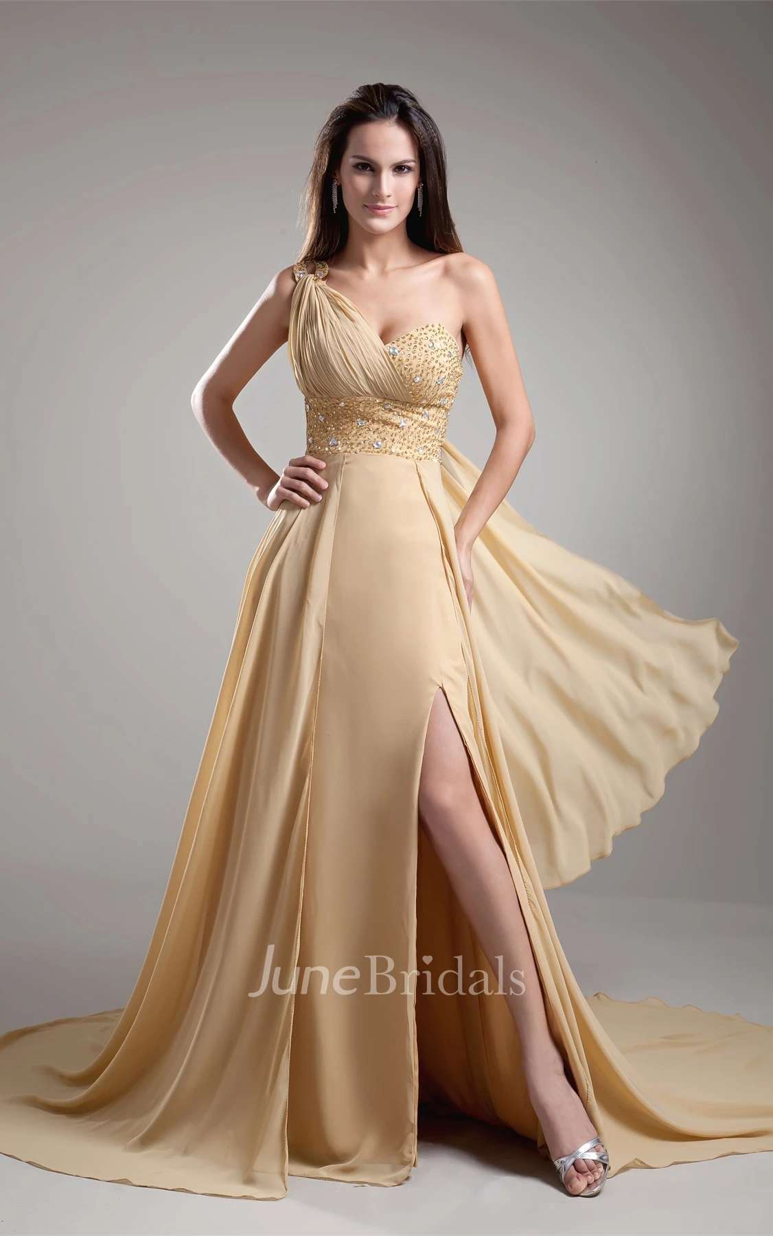One-Shoulder Front-Split Long Dress with Jeweled Top