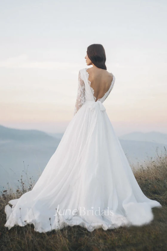 Chiffon Long Sleeve Illusion Wedding Dress With Deep V-back And Court Train