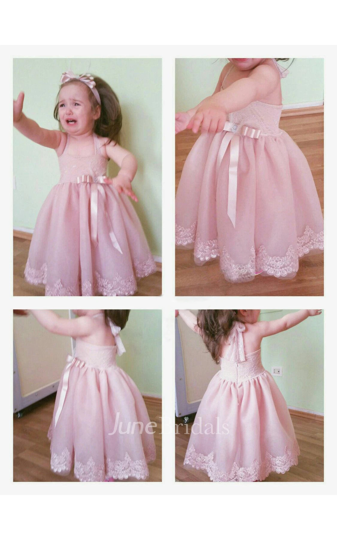 Sleeveless Halter Neck Pleated Organza Gown With Lace Applique