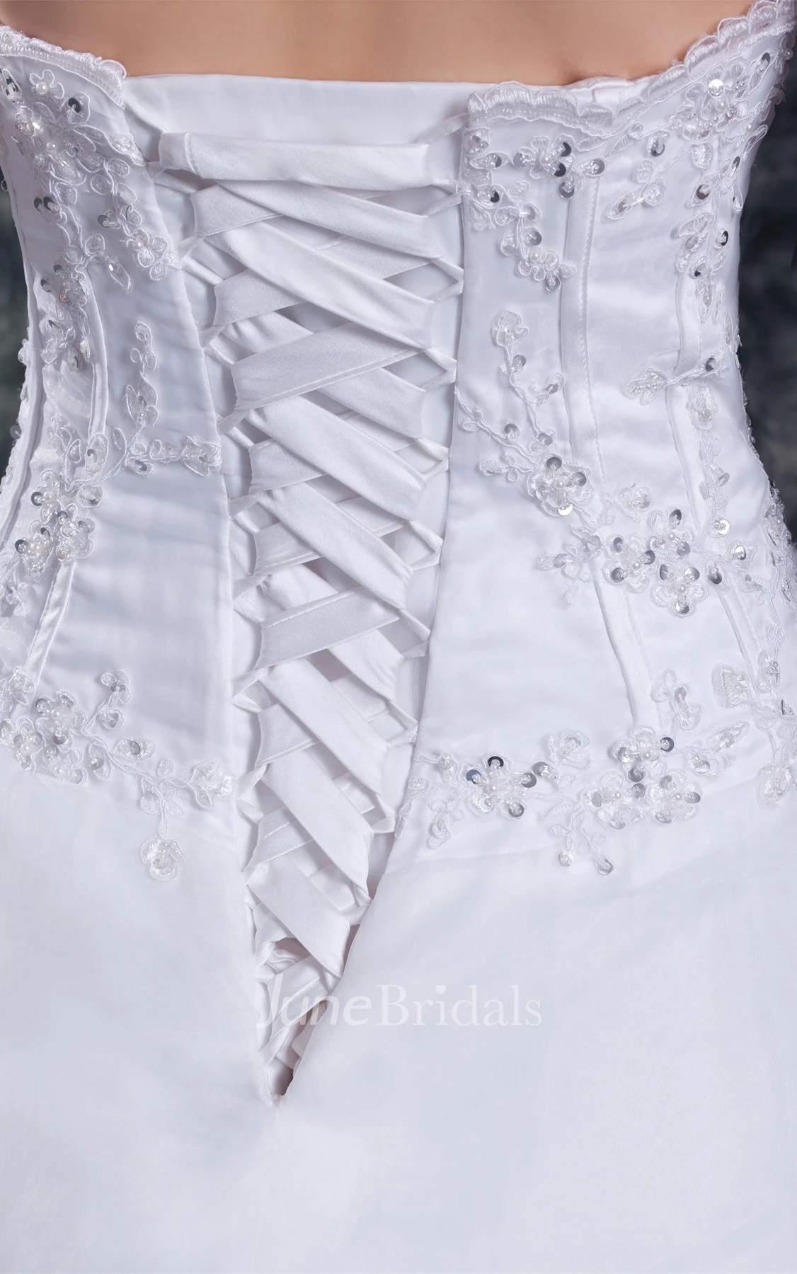 strapless a-line lace gown with beading and ruffles