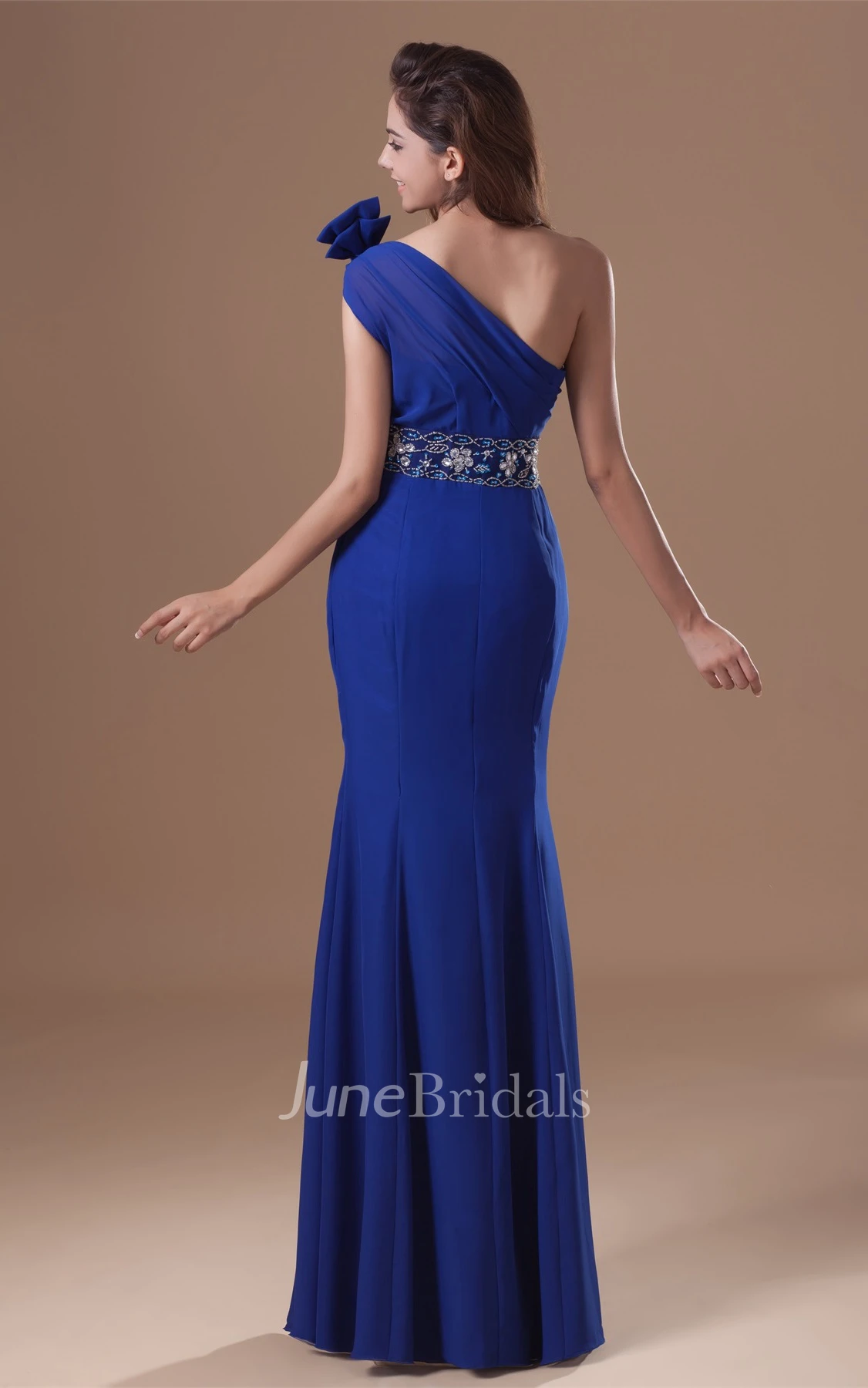 one-shoulder sheath chiffon dress with epaulet and jeweled waist