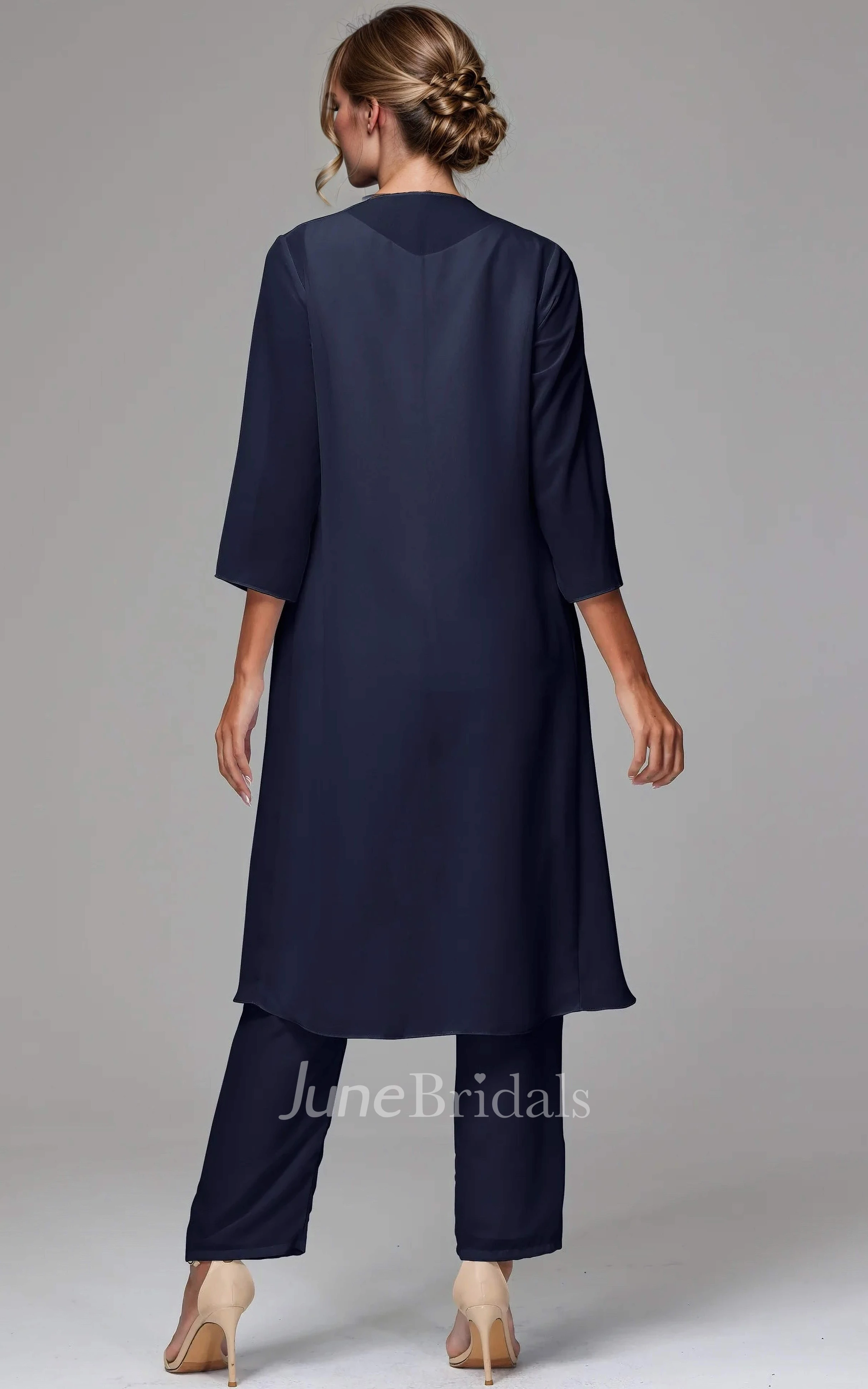 Modest Casual 3 Pieces Dark Navy Blue Bateau Neck Chiffon Mother of the Bride  Pant Suit - June Bridals