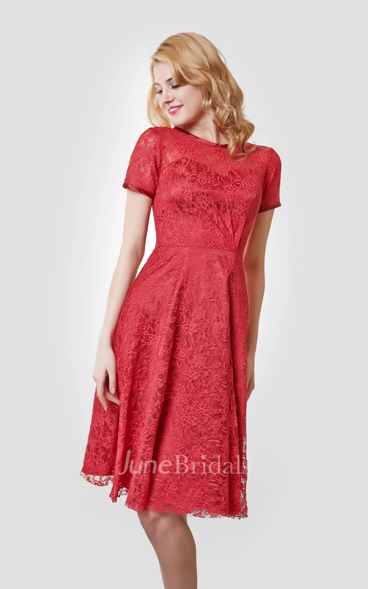 Short Sleeve Knee Length Lace A-Line Dress With Bateau Neck