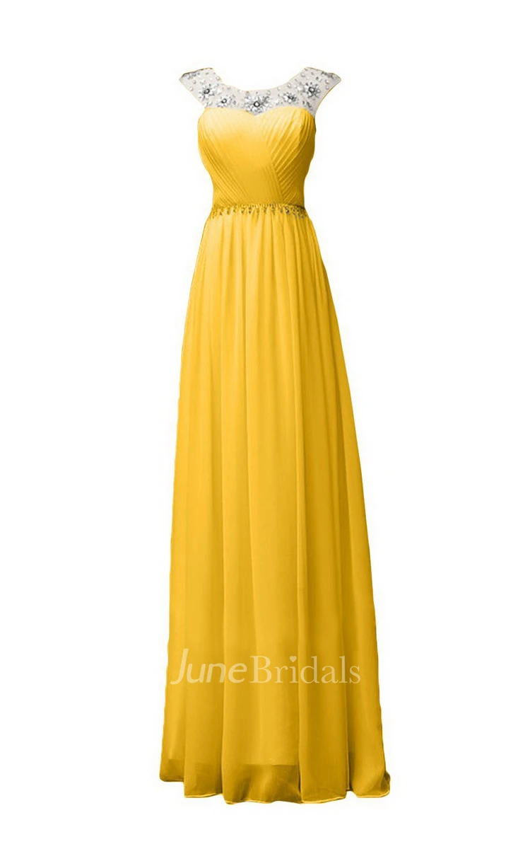 Sleeveless Long Ruffled Chiffon Dress With Beaded Neck