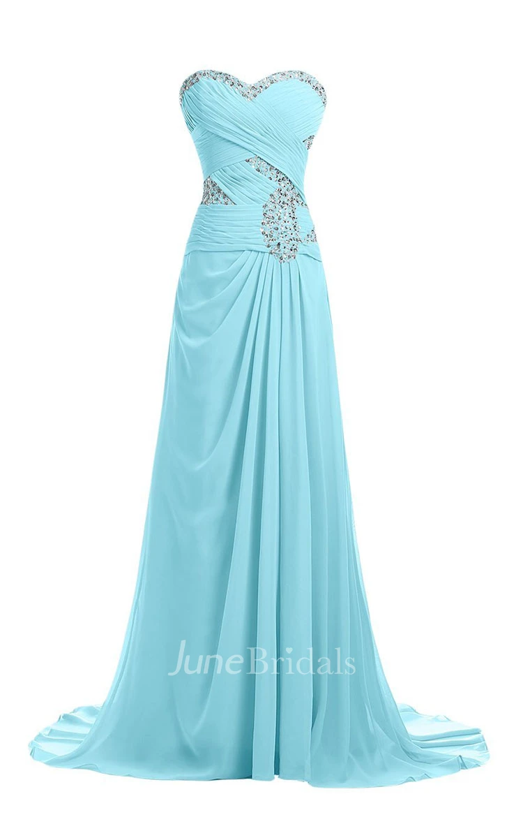 Sweetheart Rhinestoned Criss-cross Chiffon A-line Gown With Drapping