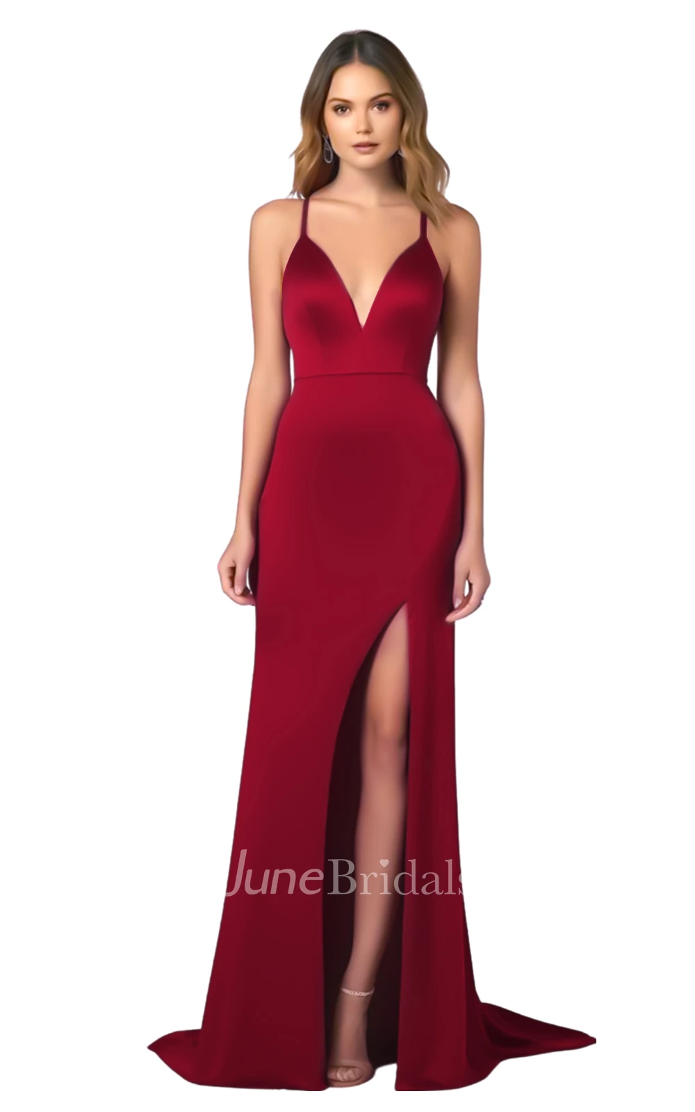 Modern A-Line Spaghetti V-neck Satin Bridesmaid Dress with Split Front