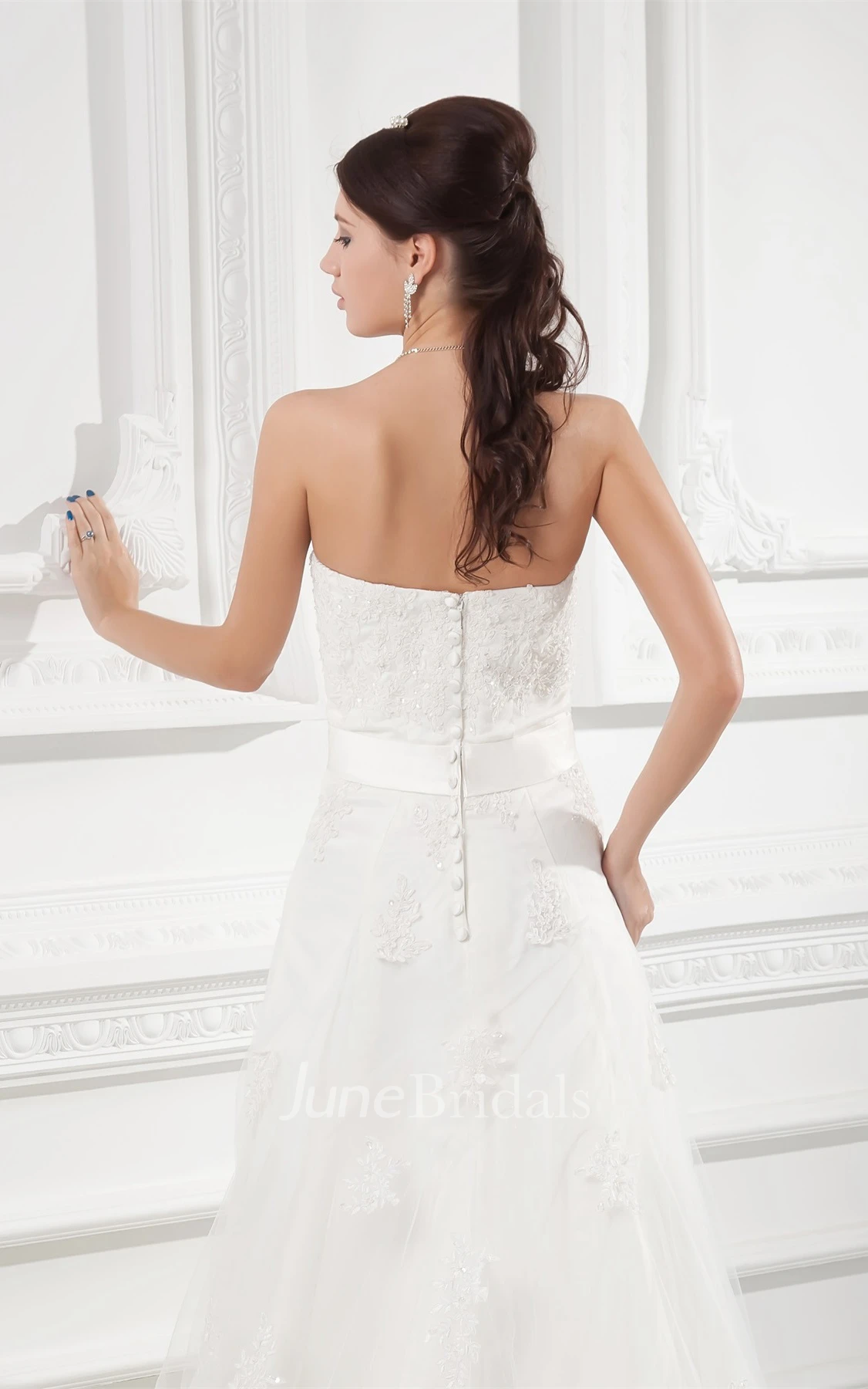 strapless maxi lace dress with court train and broach