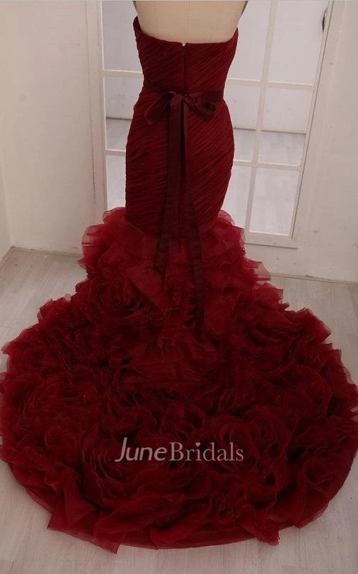 Mermaid Short Sweetheart Sleeveless Bell T-Shirt Pleats Tiers Cascading Ruffles Ruffles Brush Train Backless Organza Dress