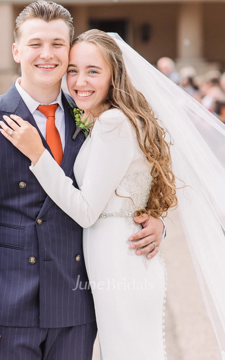 Adorable Mermaid Bateau Satin Spring Wedding Dress With Long Sleeve And Sash