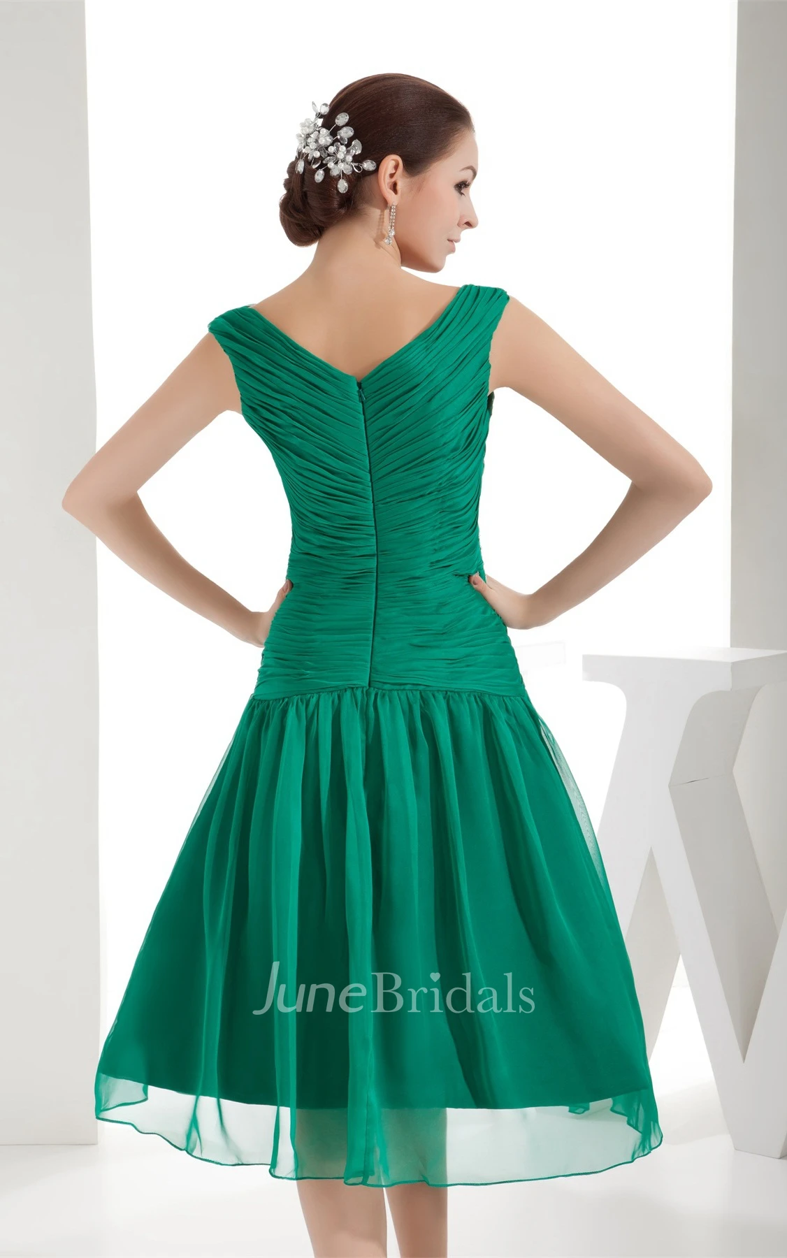 Knee-Length Bateau Ruched Criss-Cross Dress with Tulle Overlay and Beadings