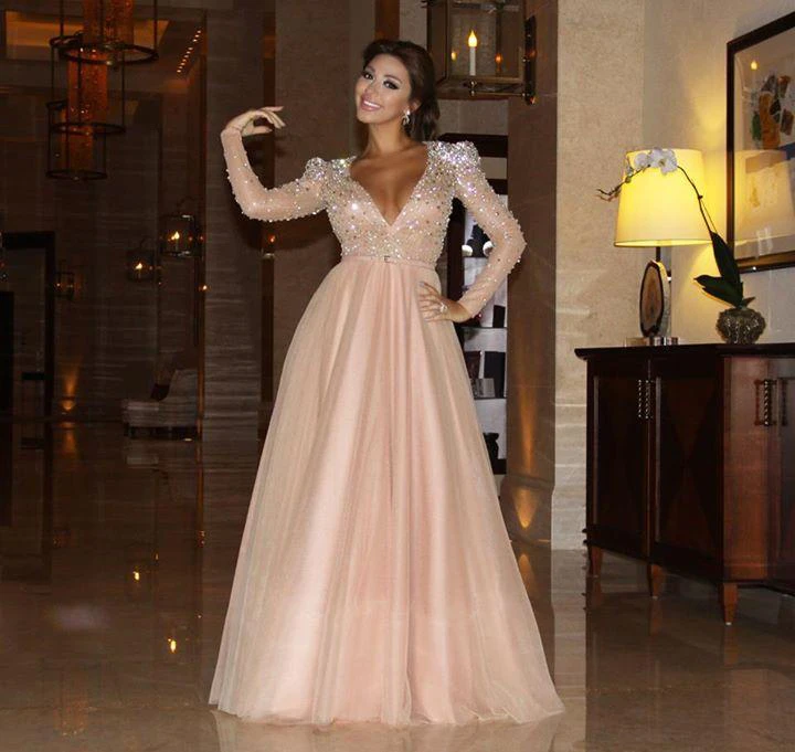 Glamorous Crystals A-line Evening Dress Long Sleeve Floor-length