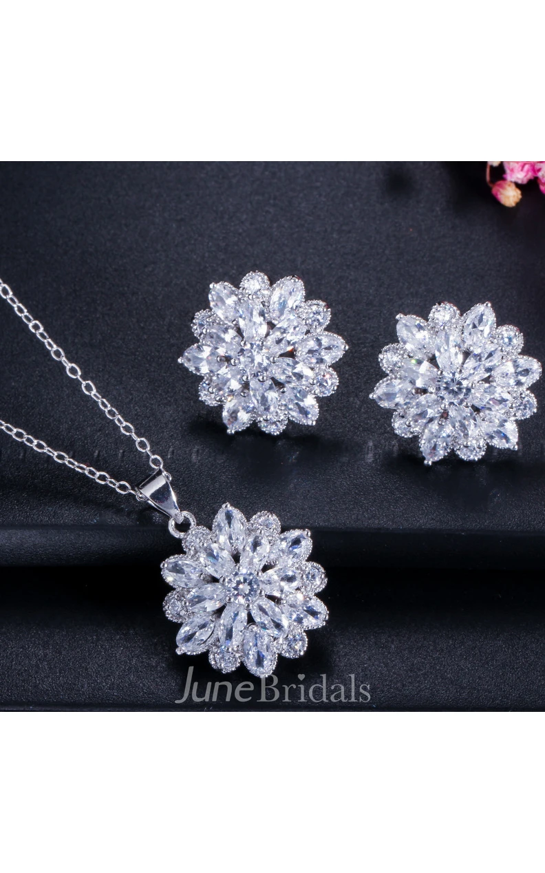 Elegant Bridal Snow Shaped Rhinestone Necklace and Earrings Jewelry Set