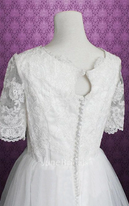 Jewel Half Sleeve Button Back Tulle Wedding Dress With Sash And Lace