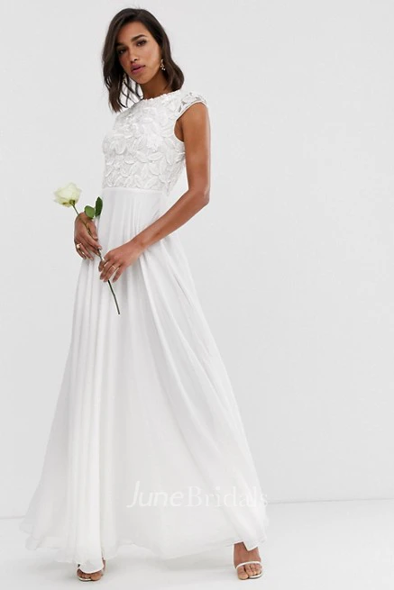 Ethereal Chiffon and Lace Sheath Cap Sleeve Wedding Dress