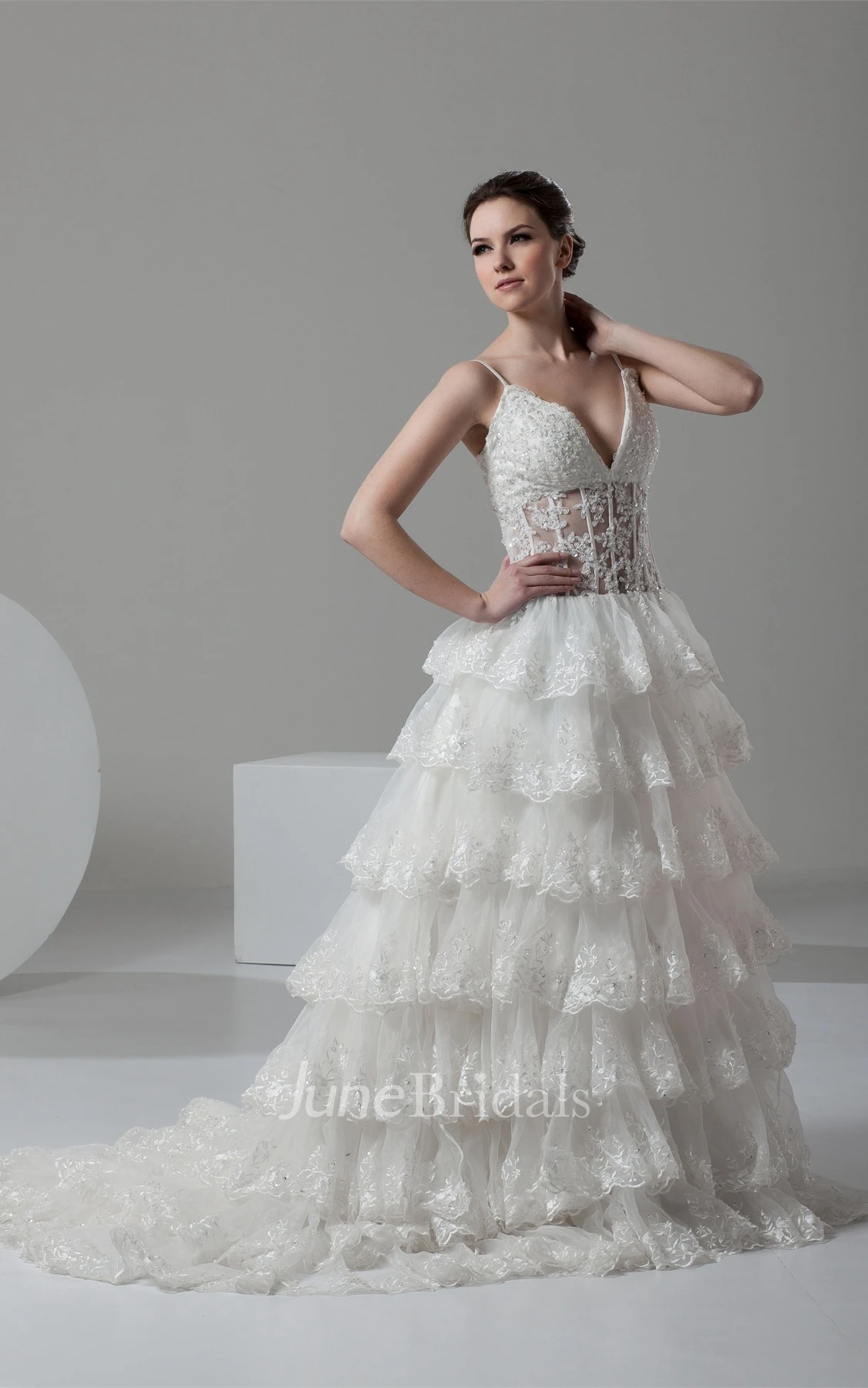 Plunged Tiered Lace A-Line Gown with Spaghetti-Straps