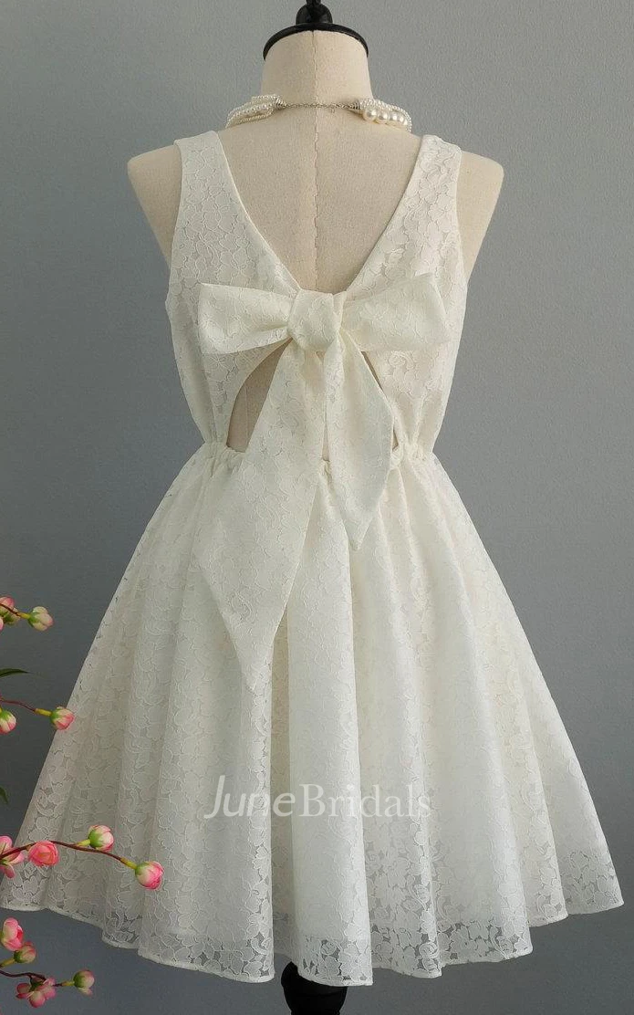 Square Neck Sleeveless Short Lace Dress With Back Bow