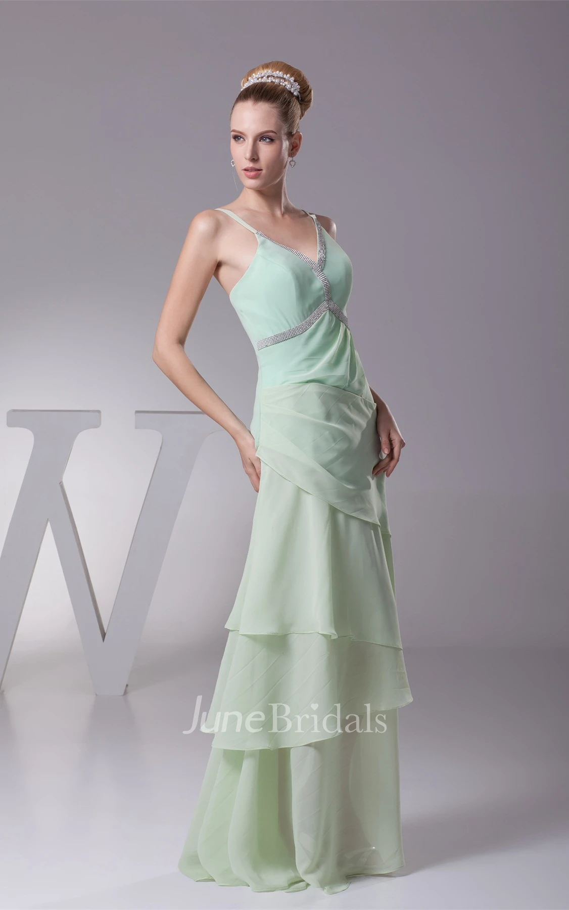 Spaghetti-Strap Plunged Chiffon Long Dress with Beading and Layers