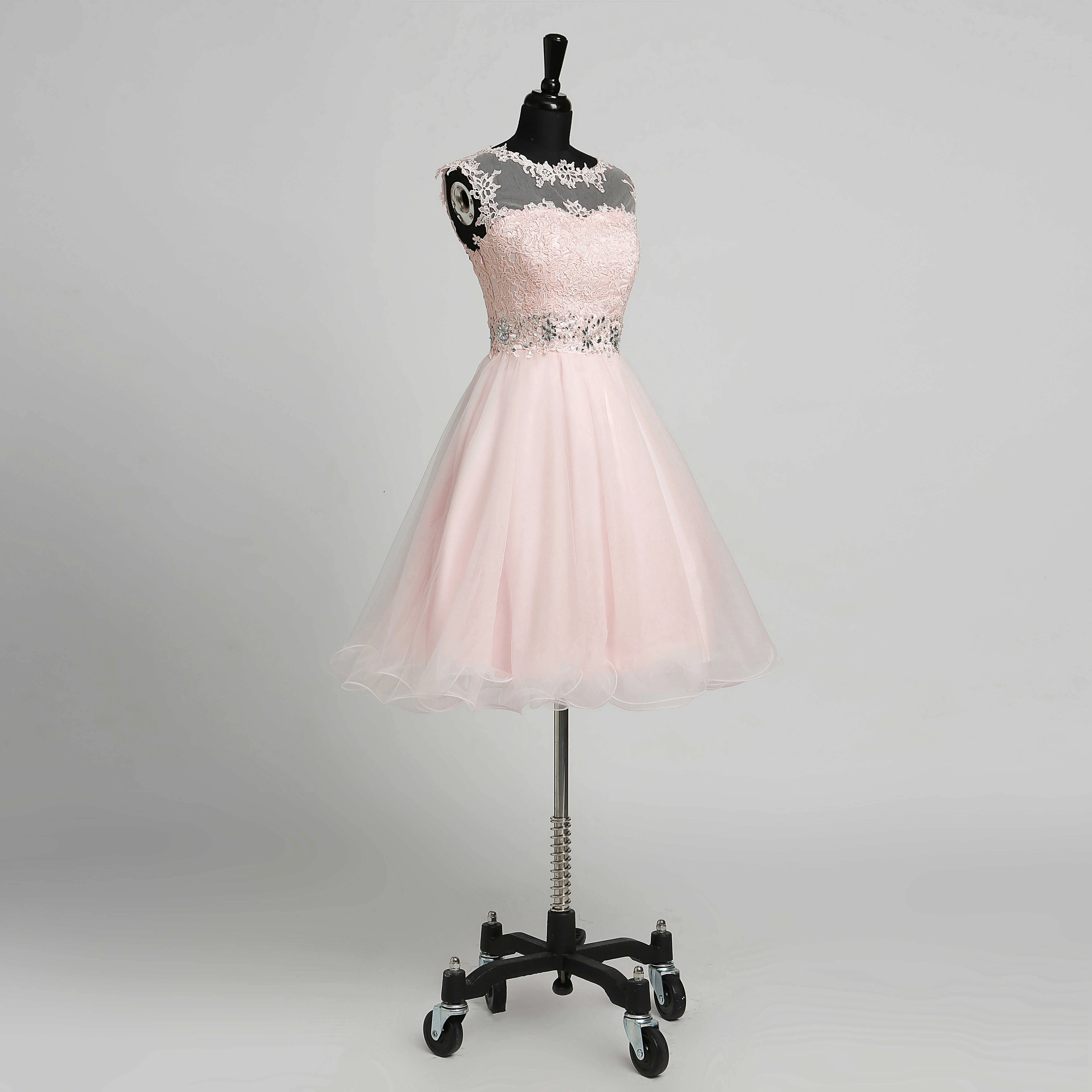 A-Line Scoop Lace Adorable Short Mini Sleeveless Illusion Dress with Appliques Lace Sequins