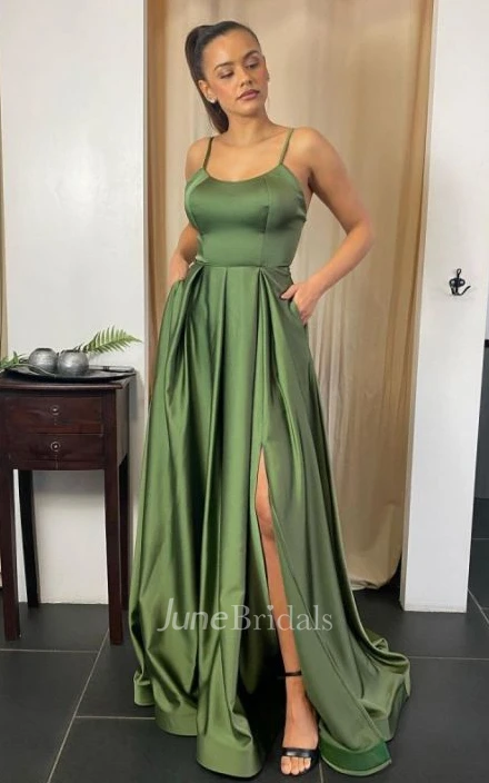 Satin Casual A-Line Spaghetti Formal Dress With Open Back And Split Front