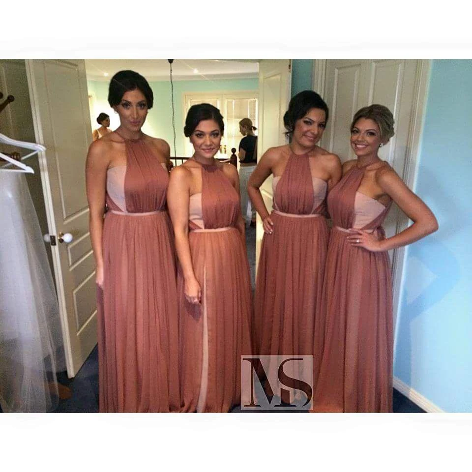 Modern A-line Halter Chiffon Bridesmaid Dress Sleeveless Floor-length