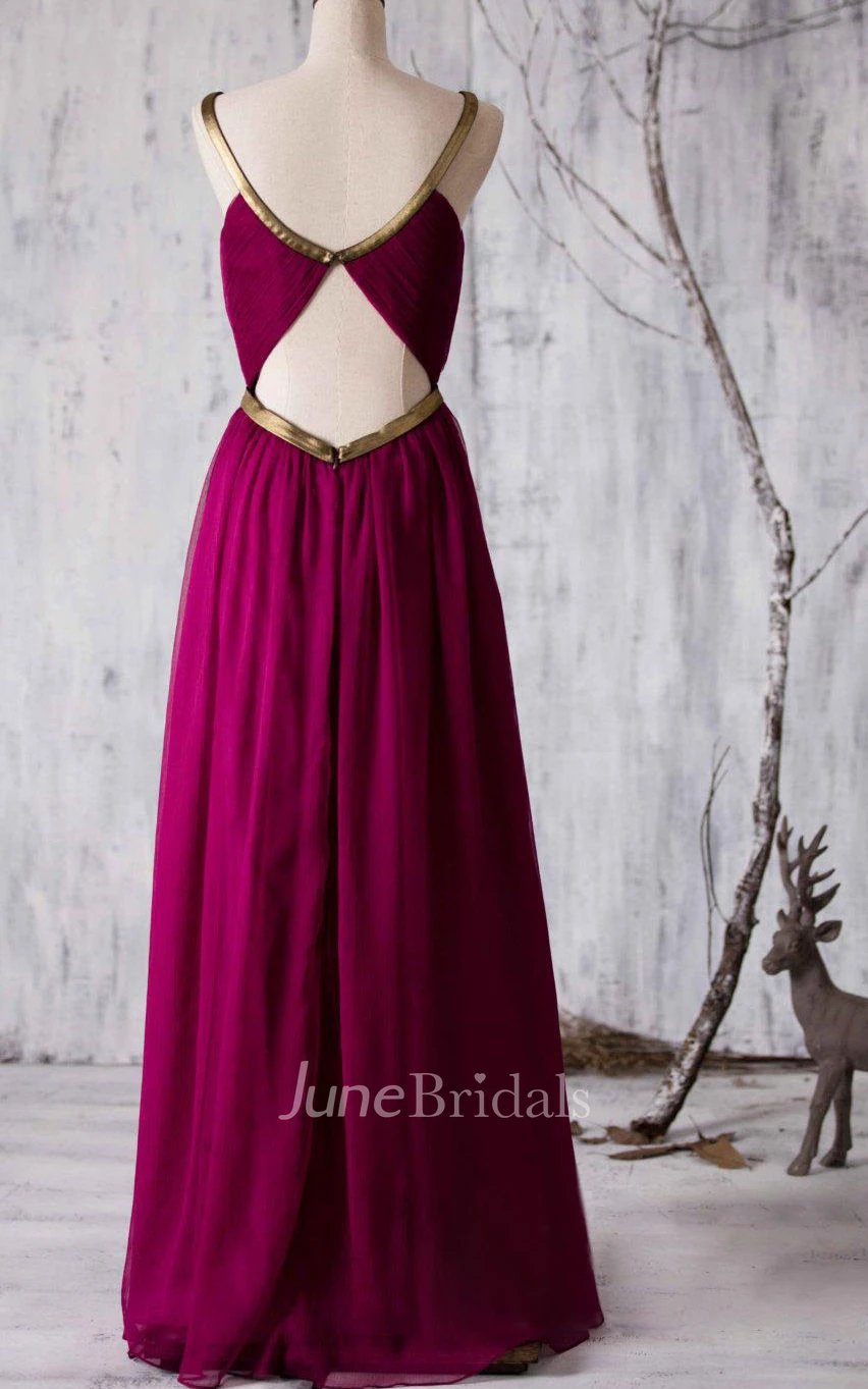 Allover Pleated A-line Chiffon Floor Length Dress With Back Keyhole