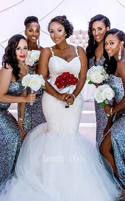 Mermaid Short Spaghetti Straps Sweetheart Sleeveless Bell Illusion Appliques Illusion Brush Train Backless Illusion Straps Keyhole Lace Dress