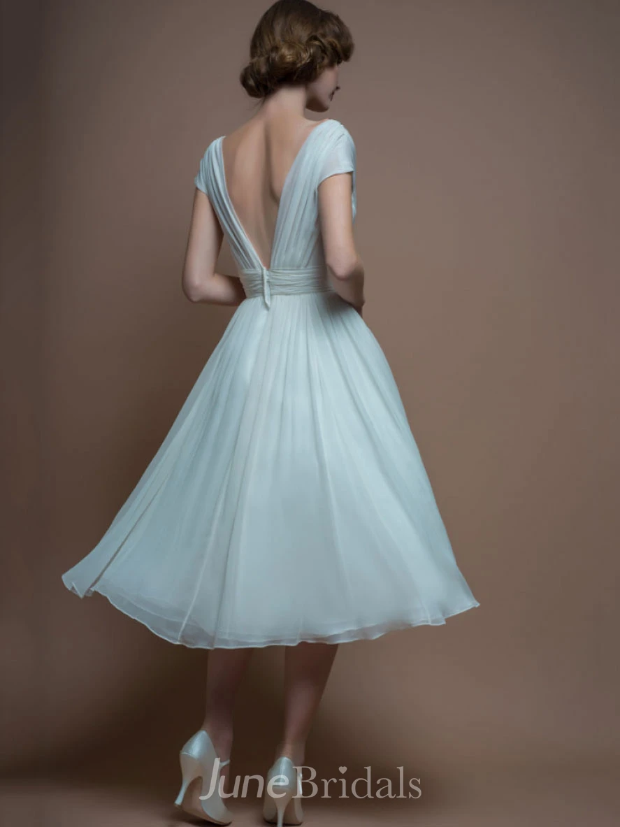 A-Line V-Neck Tea-Length Cap-Sleeve Appliqued Tulle Wedding Dress With Ruching