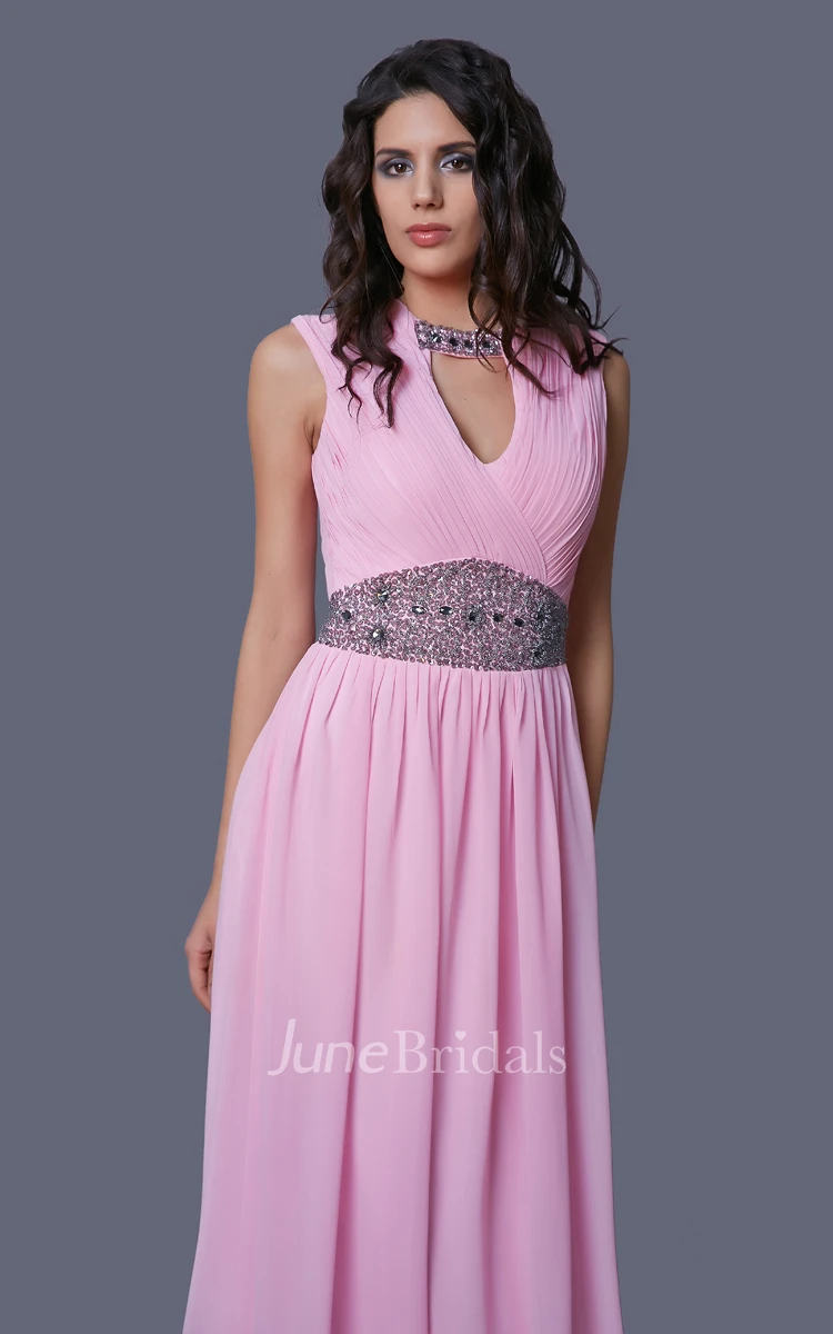Sleeveless Long Chiffon Dress With Crystal Detailing and Ruching