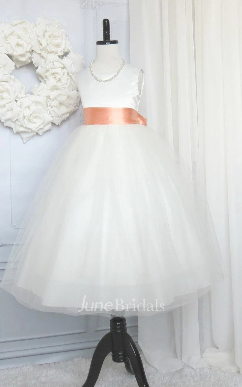 First Communion Sleeveless Jewel Neck Tulle Flower Girl Dress